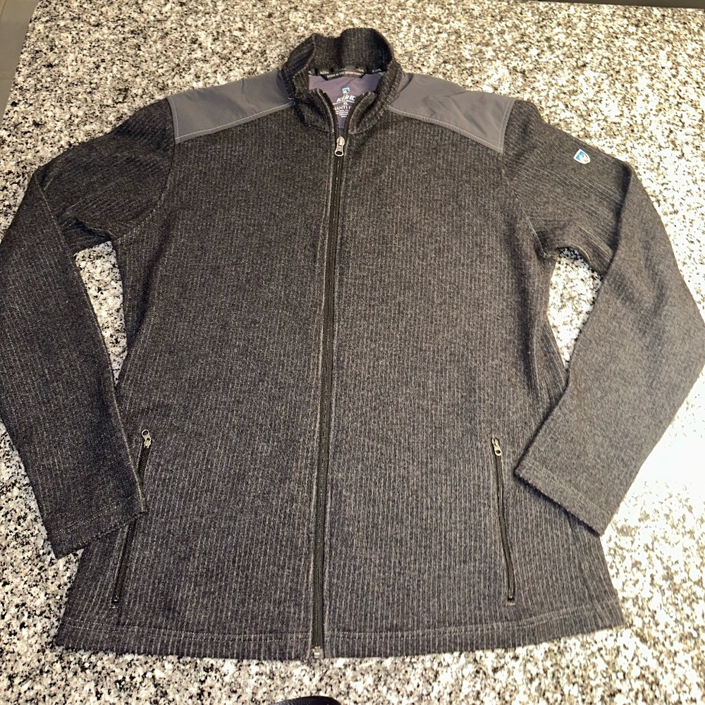 Men's Kuhl Chianti Gray Fleece Full Zip Cardigan Sweater ~ Wool Blend ~ XL